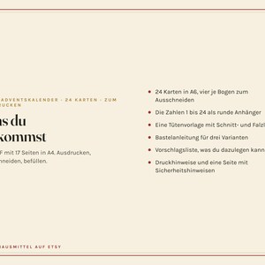 Peut inclure: Un document PDF num&eacute;rique intitul&eacute; Omas Adventskalender comprenant 17 pages au format A4. Le contenu inclut 24 cartes A6, des &eacute;tiquettes rondes num&eacute;rot&eacute;es de 1 &agrave; 24, un mod&egrave;le de sac avec lignes de coupe et de pliage, des instructions et des notes.