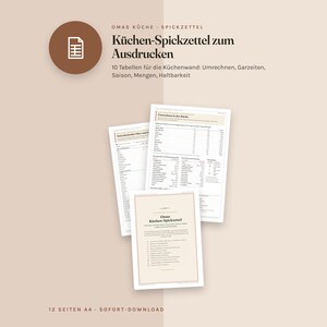 Küchen Spickzettel zum Ausdrucken, Umrechnungstabelle, Garzeiten, Saisonkalender, Mengen pro Person, Haltbarkeit, PDF A4 Bild 2