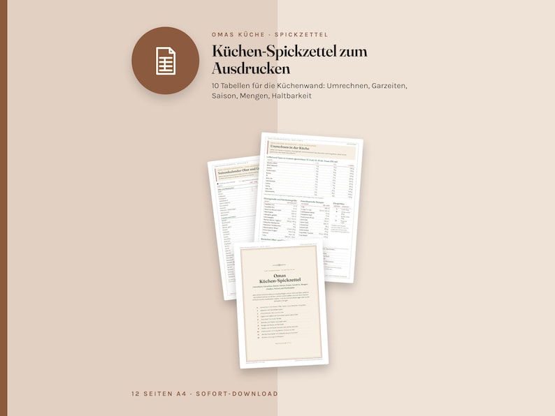 Küchen Spickzettel zum Ausdrucken, Umrechnungstabelle, Garzeiten, Saisonkalender, Mengen pro Person, Haltbarkeit, PDF A4 Bild 2