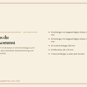 May include: A digital document titled Omas Geschenkanh&auml;nger - Weihnachten, detailing 55 printable gift tags across 8 A4 pages. It lists 10 tags at 90x47 mm, 10 at 90x47 mm, 12 round tags at 60 mm, 12 flags at 40x75 mm, and 11 blank tags.