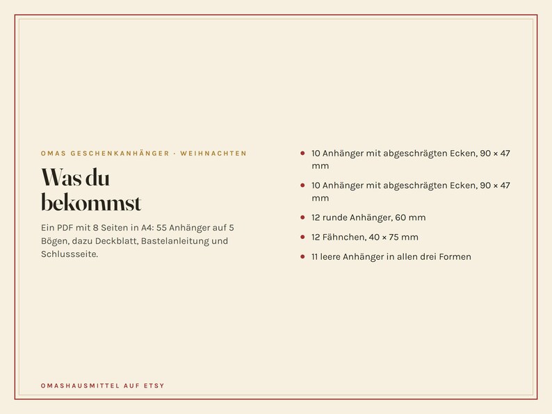 May include: A digital document titled Omas Geschenkanh&auml;nger - Weihnachten, detailing 55 printable gift tags across 8 A4 pages. It lists 10 tags at 90x47 mm, 10 at 90x47 mm, 12 round tags at 60 mm, 12 flags at 40x75 mm, and 11 blank tags.