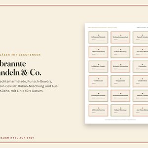 May include: A sheet of eighteen rectangular adhesive labels with rounded corners, featuring German text for holiday food items like Gebrannte Mandeln and Punsch-Gew&uuml;rz. Each label includes a small decorative star icon and a blank line for a date.