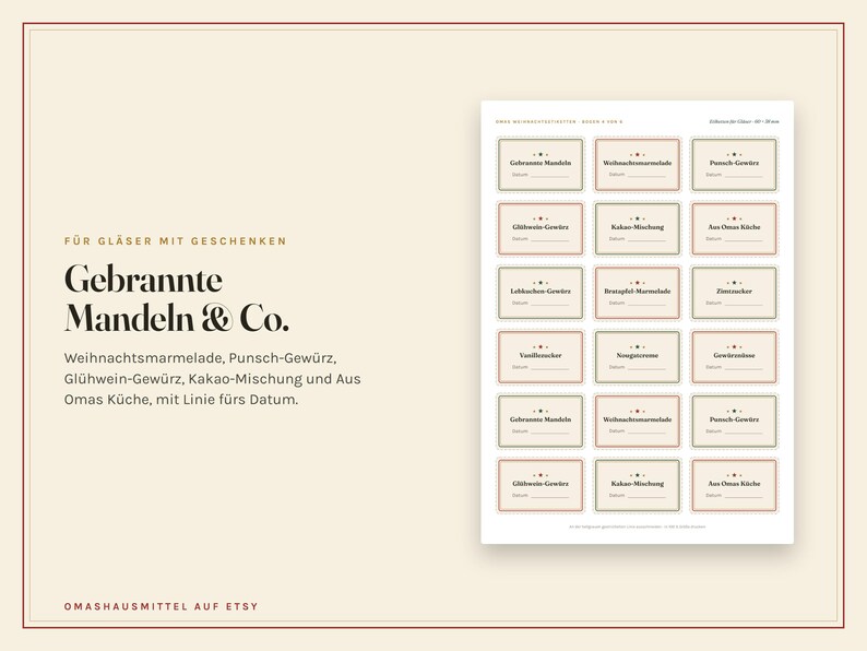 May include: A sheet of eighteen rectangular adhesive labels with rounded corners, featuring German text for holiday food items like Gebrannte Mandeln and Punsch-Gew&uuml;rz. Each label includes a small decorative star icon and a blank line for a date.