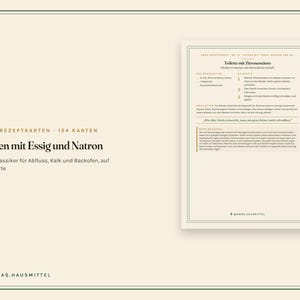以下が含まれることがあります： Putzen mit Essig und Natronと題されたクリーム色の情報カードで、124枚セットの一部です。カードには、クエン酸を使用したトイレの掃除手順や必要な材料が黒い文字で詳細に記載されており、番号付きのステップで構成されています。