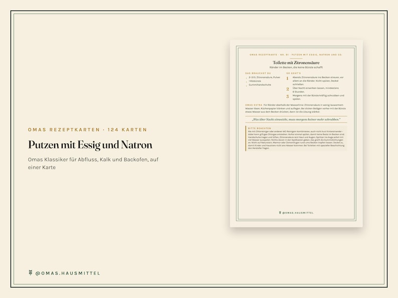 以下が含まれることがあります： Putzen mit Essig und Natronと題されたクリーム色の情報カードで、124枚セットの一部です。カードには、クエン酸を使用したトイレの掃除手順や必要な材料が黒い文字で詳細に記載されており、番号付きのステップで構成されています。
