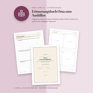 Op de afbeelding: Een herinneringsboek voor oma om in te vullen met vragen over jeugd, liefde, koken en feesten. De set bevat twee PDF-documenten van elk 40 A4-pagina's, met Duitse tekst en een rond icoon met een boek en een hartje.