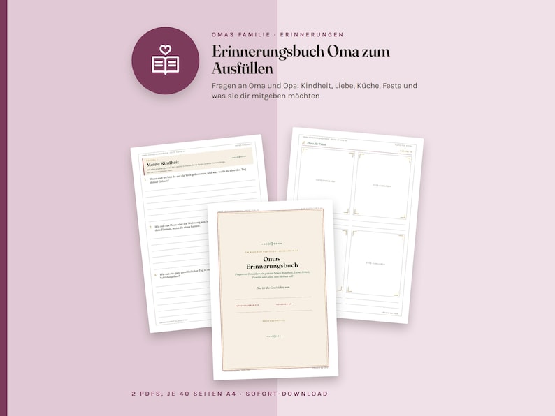 Op de afbeelding: Een herinneringsboek voor oma om in te vullen met vragen over jeugd, liefde, koken en feesten. De set bevat twee PDF-documenten van elk 40 A4-pagina's, met Duitse tekst en een rond icoon met een boek en een hartje.