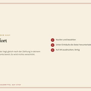 Peut inclure: Une carte d'instructions num&eacute;rique couleur cr&egrave;me avec une fine bordure rouge. Le texte indique : NACH DEM KAUF, Sofort da, Die Datei liegt gleich nach der Zahlung in deinem Etsy-Konto bereit. Es wird nichts verschickt. 1 Kaufen und bezahlen, 2 Unter Eink&auml;ufe die Datei herunterladen, 3 Auf A4 ausdrucken, fertig, OMASHAUSMITTEL AUF ETSY.