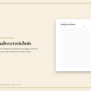 May include: A white table of contents page with black text and horizontal lines for recording recipe information. The page features the heading Inhaltsverzeichnis, with columns for number, recipe, and category. The background is a light cream colour.
