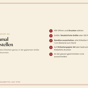 May include: A beige instructional graphic with dark red text and numbered circles. It provides five steps for printing labels, including opening the PDF, selecting actual size, disabling borderless printing, using A4 paper, and cutting along gray lines.