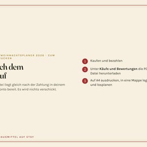 May include: A digital instruction card with a cream background and thin red border. The text reads OMAS WEIHNACHTSPLANER 2026 - ZUM AUSDRUCKEN, Nach dem Kauf, and provides three numbered steps for downloading and printing the PDF file on A4 paper.