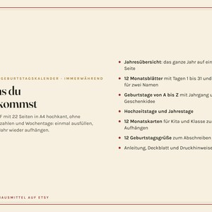 Geburtstagskalender zum Ausdrucken, immerwährend ohne Jahr, Kita und Klasse, Jahrestage, Geburtstagsliste, PDF A4 image 3