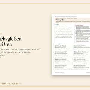 K&ouml;nnte beinhalten: Eine Seite mit dem Titel Wachsgie&szlig;en mit Oma, die eine Schritt-f&uuml;r-Schritt-Anleitung zum Wachsgie&szlig;en statt Bleigie&szlig;en enth&auml;lt. Das Dokument umfasst Sicherheitshinweise und eine Liste mit vierzig Deutungen in schwarzer Schrift.