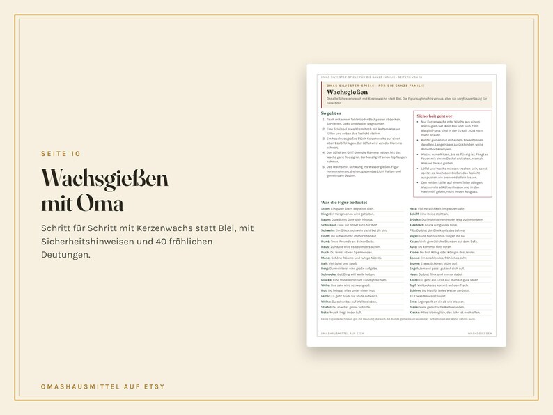 K&ouml;nnte beinhalten: Eine Seite mit dem Titel Wachsgie&szlig;en mit Oma, die eine Schritt-f&uuml;r-Schritt-Anleitung zum Wachsgie&szlig;en statt Bleigie&szlig;en enth&auml;lt. Das Dokument umfasst Sicherheitshinweise und eine Liste mit vierzig Deutungen in schwarzer Schrift.