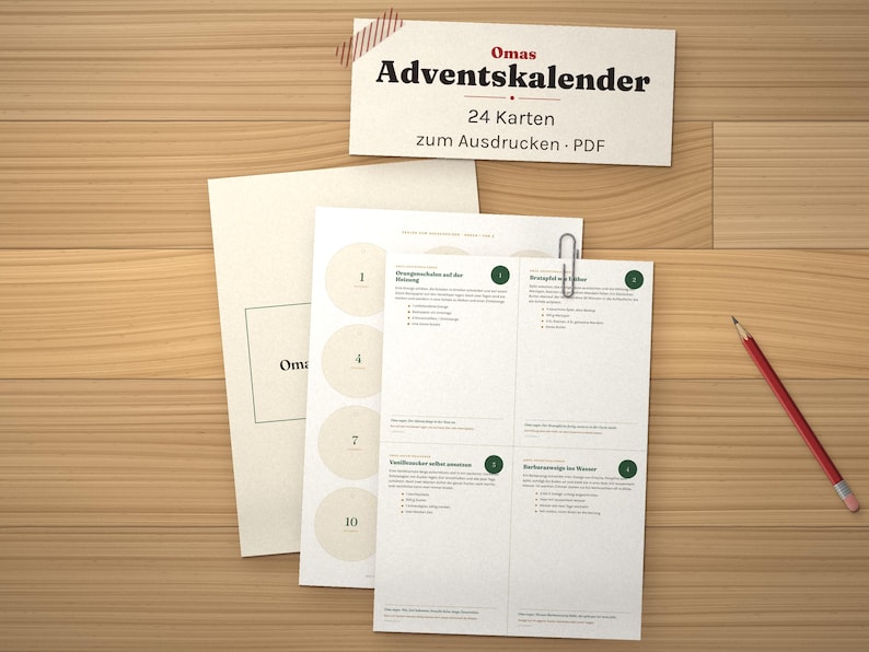 Peut inclure: Un ensemble de cartes imprimables intitul&eacute; Omas Adventskalender 24 Karten zum Ausdrucken PDF. La collection comprend des feuilles avec des cercles num&eacute;rot&eacute;s et des cartes d'instructions textuelles, fix&eacute;es par un trombone argent&eacute;, avec un crayon rouge.