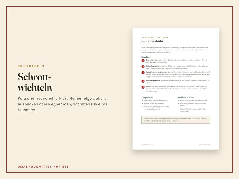 Peut inclure: Une fiche d'information blanche intitul&eacute;e Schrottwichteln avec du texte noir d&eacute;taillant les r&egrave;gles du jeu, incluant des &eacute;tapes num&eacute;rot&eacute;es pour tirer, d&eacute;baller et &eacute;changer des cadeaux, ainsi que des listes d'objets adapt&eacute;s ou non &agrave; l'&eacute;change.