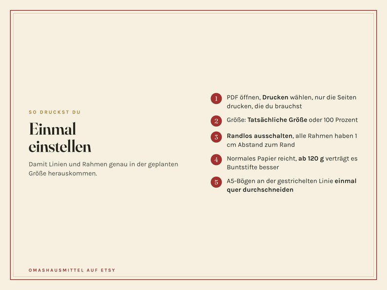 Puede incluir: Un gr&aacute;fico de instrucciones sobre un fondo crema con un borde rojo fino. Presenta cinco c&iacute;rculos rojos numerados y texto en alem&aacute;n que explica la configuraci&oacute;n de impresi&oacute;n, incluyendo instrucciones de PDF, tama&ntilde;o, m&aacute;rgenes y tipo de papel.