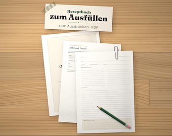 Rezeptbuch zum Ausdrucken, Rezeptbuch Vorlage A5 Ringbuch und A4, Rezepte selbst schreiben, Familienrezepte PDF