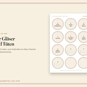 May include: A sheet of twelve circular paper tags, each 60 mm in diameter, featuring a small hole at the top. The tags contain various German phrases such as Frohe Weihnachten, Frohes Fest, Von Herzen, F&uuml;r dich, Aus Omas K&uuml;che, Guten Appetit, and Selbstgemacht.