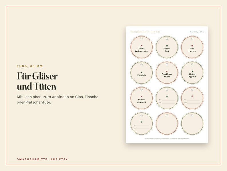 May include: A sheet of twelve circular paper tags, each 60 mm in diameter, featuring a small hole at the top. The tags contain various German phrases such as Frohe Weihnachten, Frohes Fest, Von Herzen, F&uuml;r dich, Aus Omas K&uuml;che, Guten Appetit, and Selbstgemacht.