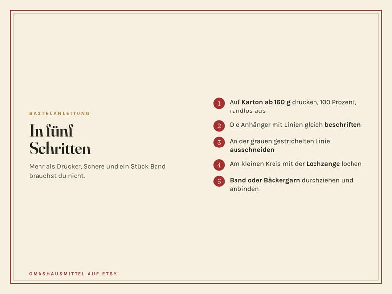 May include: A beige instructional graphic titled BASTELANLEITUNG In f&uuml;nf Schritten. It lists five steps for a craft project, including printing on 160 g cardstock, labelling tags, cutting along grey dashed lines, punching holes, and attaching ribbon or twine.