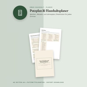 May include: A household planner set titled Omas Haushalt-Planer, Putzplan & Haushaltsplaner, featuring 42 A4 pages including weekly, monthly, and yearly schedules, checklists for every room, and cleaning supply cards, presented in a light green layout.