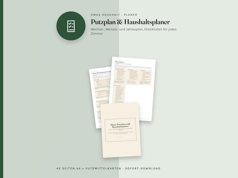 May include: A household planner set titled Omas Haushalt-Planer, Putzplan & Haushaltsplaner, featuring 42 A4 pages including weekly, monthly, and yearly schedules, checklists for every room, and cleaning supply cards, presented in a light green layout.