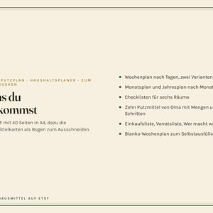 May include: A beige digital household planner document titled Omas Putzplan - Haushaltsplaner - zum Ausdrucken. It lists contents including a 40-page A4 PDF, weekly, monthly, and yearly schedules, room checklists, cleaning recipes, and inventory lists.