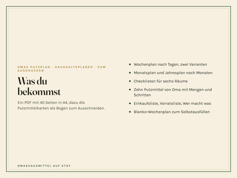 May include: A beige digital household planner document titled Omas Putzplan - Haushaltsplaner - zum Ausdrucken. It lists contents including a 40-page A4 PDF, weekly, monthly, and yearly schedules, room checklists, cleaning recipes, and inventory lists.