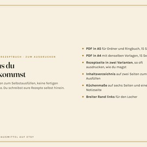 May include: A digital recipe book template for printing, featuring the German text 'OMAS REZEPTBUCH - ZUM AUSDRUCKEN', 'WAS DU BEKOMMST', and a list of contents including PDF formats in A5 and A4 sizes, recipe pages, an index, and kitchen measurements.