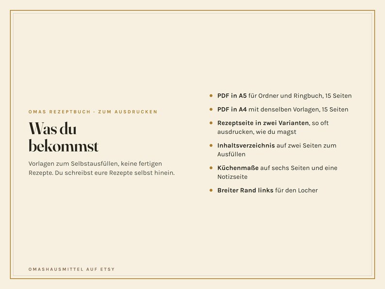 May include: A digital recipe book template for printing, featuring the German text 'OMAS REZEPTBUCH - ZUM AUSDRUCKEN', 'WAS DU BEKOMMST', and a list of contents including PDF formats in A5 and A4 sizes, recipe pages, an index, and kitchen measurements.