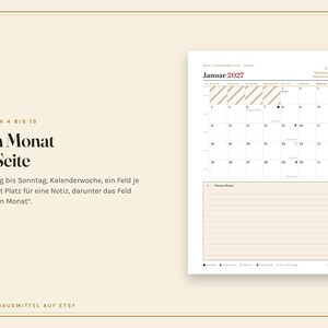 May include: A monthly calendar page for January 2027 featuring a grid layout with days from Monday to Sunday, numbered dates, and moon phase icons. Below the grid is a lined section labelled Diesen Monat for notes on a light beige background.
