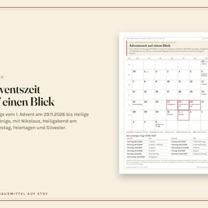 May include: A cream-coloured page titled Adventszeit auf einen Blick featuring a calendar grid for the 2026 holiday season. The layout includes a list of important dates, specific holiday highlights, and text detailing the period from Advent to Epiphany.
