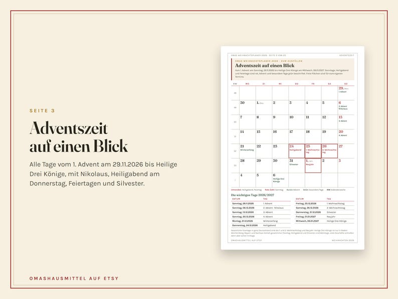 May include: A cream-coloured page titled Adventszeit auf einen Blick featuring a calendar grid for the 2026 holiday season. The layout includes a list of important dates, specific holiday highlights, and text detailing the period from Advent to Epiphany.