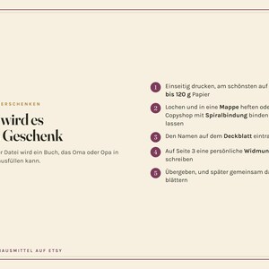 Op de afbeelding: Een beige instructiegrafiek met donkere tekst getiteld "So wird es ein Geschenk". Het bevat vijf stappen voor het maken van een boekcadeau, waaronder afdrukken op 100 tot 120 g papier, inbinden, een naam toevoegen en een persoonlijke opdracht.