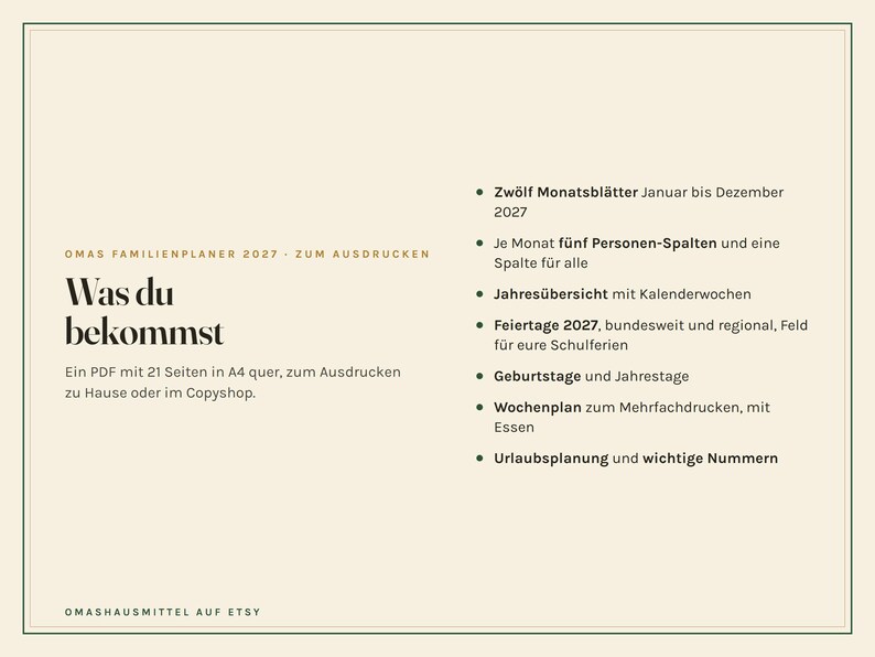 Peut inclure: Un document PDF de planificateur familial 2027 avec 21 pages A4 en format paysage. Le texte inclut OMAS FAMILIENPLANER 2027, WAS DU BEKOMMST, et une liste de fonctionnalit&eacute;s comme douze feuilles mensuelles, cinq colonnes par personne et des jours f&eacute;ri&eacute;s.