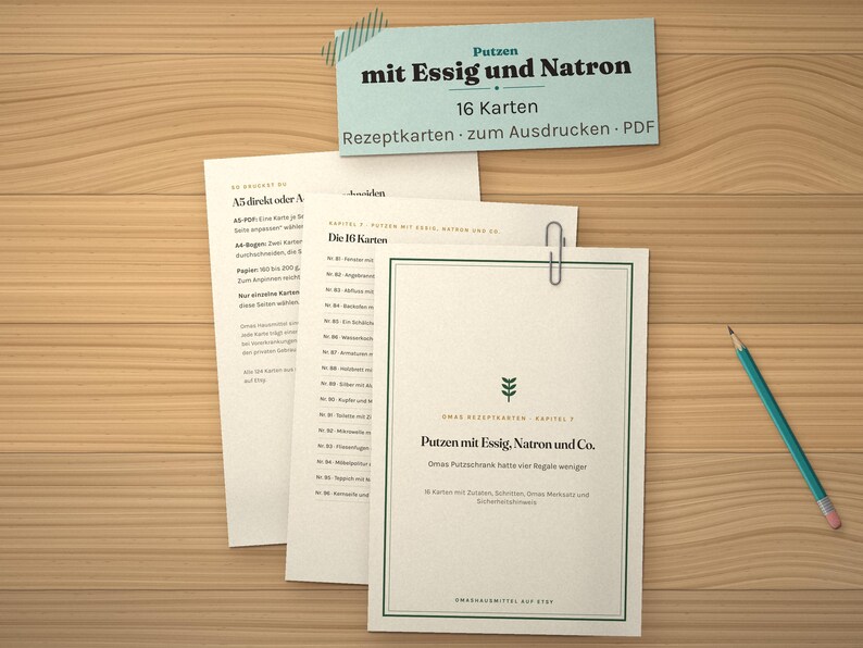 16 fertige Putzrezepte zum Ausdrucken, Essig und Natron, Putzmittel selber machen, Karten A5, PDF deutsch image 1
