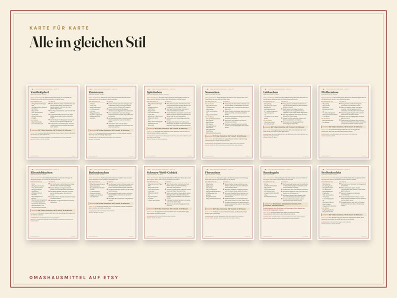 K&ouml;nnte beinhalten: Eine Sammlung von zw&ouml;lf Rezeptkarten, angeordnet in zwei Reihen, mit dem deutschen Text 'KARTE F&Uuml;R KARTE' und 'Alle im gleichen Stil' oben. Jede Karte enth&auml;lt eine Zutatenliste und Anleitungen f&uuml;r verschiedene Backwaren.