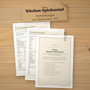 Küchen Spickzettel zum Ausdrucken, Umrechnungstabelle, Garzeiten, Saisonkalender, Mengen pro Person, Haltbarkeit, PDF A4 Bild 1