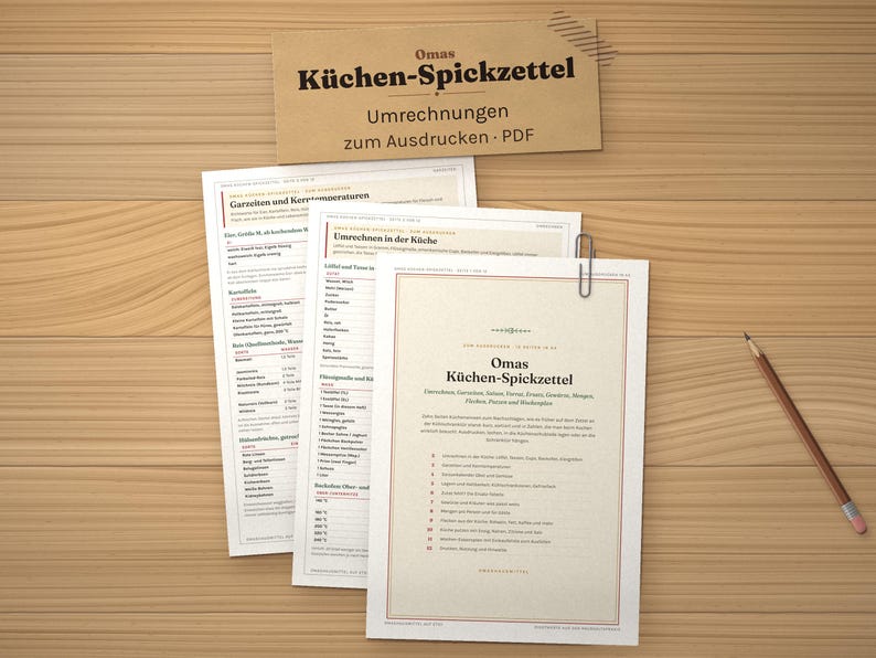 Küchen Spickzettel zum Ausdrucken, Umrechnungstabelle, Garzeiten, Saisonkalender, Mengen pro Person, Haltbarkeit, PDF A4 Bild 1