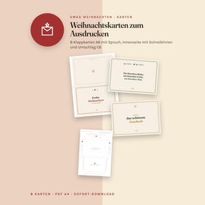 以下が含まれることがあります： 印刷可能なクリスマスグリーティングカードのセット。テキストはOMAS WEIHNACHTEN KARTEN, Weihnachtskarten zum Ausdrucken, 8 Klappkarten A6 mit Spruch, Innenseite mit Schreiblinien und Umschlag C6, Frohe Weihnachten, das sch&ouml;nste Geschenk。