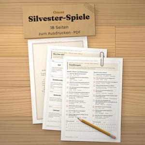 K&ouml;nnte beinhalten: Ein Set ausgedruckter Spielb&ouml;gen mit dem Titel Omas Silvester-Spiele 18 Seiten zum Ausdrucken PDF. Die Seiten enthalten ein Familienquiz und ein Wer bin ich Spiel mit Multiple-Choice-Fragen auf Deutsch, zusammengehalten von einer silbernen B&uuml;roklammer.