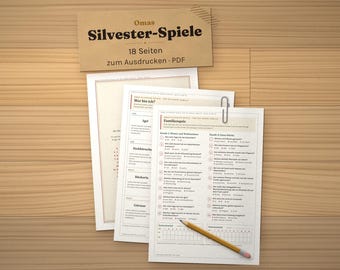 Silvester Spiele zum Ausdrucken, Familienquiz, Wer bin ich, Pantomime, Bingo, Wachsgießen, Orakel, Countdown, PDF A4