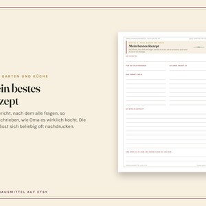 Op de afbeelding: Een receptsjabloonpagina getiteld Mein bestes Rezept met secties voor ingredi&euml;nten, bereiding en notities. Het document heeft een strakke lay-out met lijnen om op te schrijven, gedrukt in zwarte tekst op een lichtcr&egrave;me achtergrond.