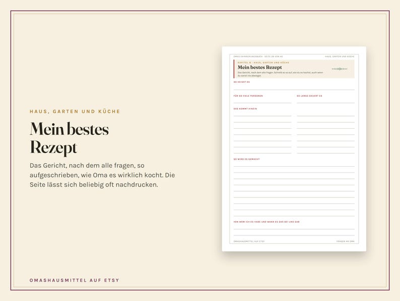 Op de afbeelding: Een receptsjabloonpagina getiteld Mein bestes Rezept met secties voor ingredi&euml;nten, bereiding en notities. Het document heeft een strakke lay-out met lijnen om op te schrijven, gedrukt in zwarte tekst op een lichtcr&egrave;me achtergrond.