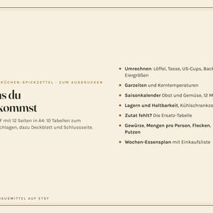 Küchen Spickzettel zum Ausdrucken, Umrechnungstabelle, Garzeiten, Saisonkalender, Mengen pro Person, Haltbarkeit, PDF A4 Bild 3