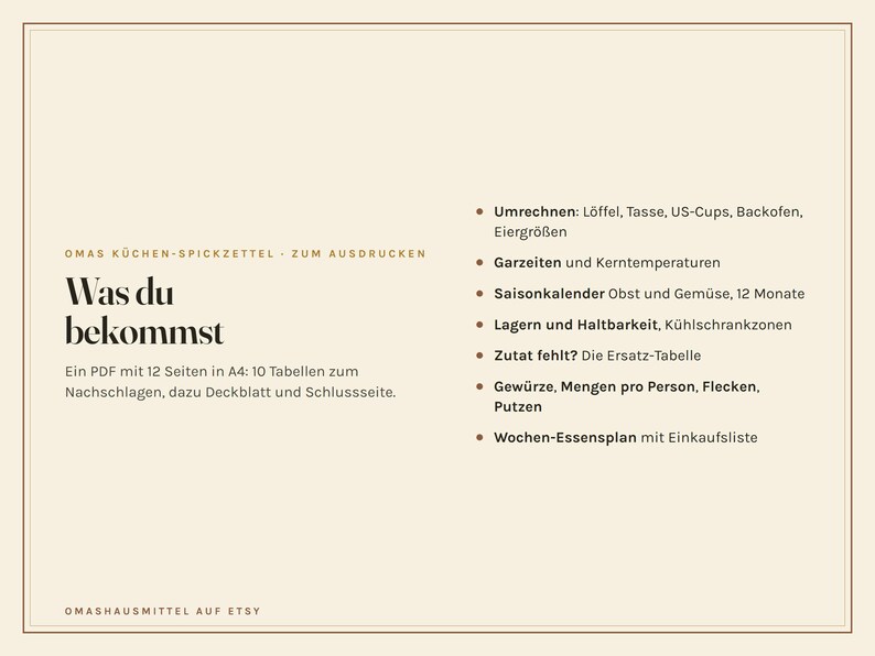 Küchen Spickzettel zum Ausdrucken, Umrechnungstabelle, Garzeiten, Saisonkalender, Mengen pro Person, Haltbarkeit, PDF A4 Bild 3