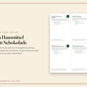 Peut inclure: Un ensemble de quatre cartes informatives avec du texte en allemand, pr&eacute;sentant des titres tels que 'Orangenschalen auf der Heizung' et 'Vanilliezucker selbst ansetzen', organis&eacute;es en grille. Les cartes sont blanches avec une num&eacute;rotation verte.