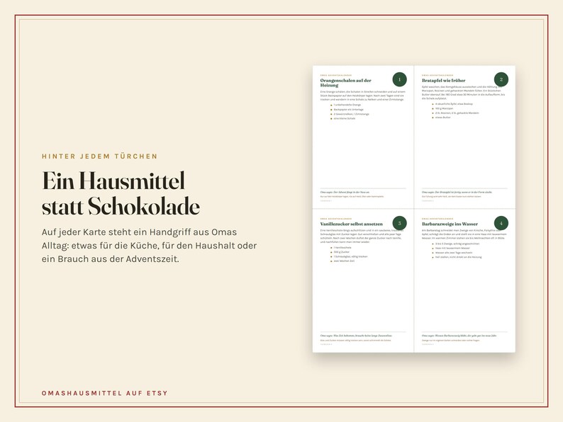 Peut inclure: Un ensemble de quatre cartes informatives avec du texte en allemand, pr&eacute;sentant des titres tels que 'Orangenschalen auf der Heizung' et 'Vanilliezucker selbst ansetzen', organis&eacute;es en grille. Les cartes sont blanches avec une num&eacute;rotation verte.