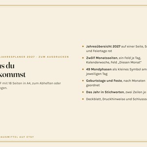 May include: A beige digital planner document titled OMAS JAHRESPLANER 2027 ZUM AUSDRUCKEN. The text lists features including a 2027 annual overview, twelve monthly pages with daily fields, moon phases, birthday sections, and printing instructions in A4 format.